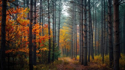 Fototapeta premium Scenic forest with tall trees and colorful leaves