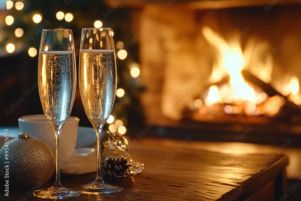 Sticker Cozy Winter Gathering by Fireplace with Festive Champagne on Ice  