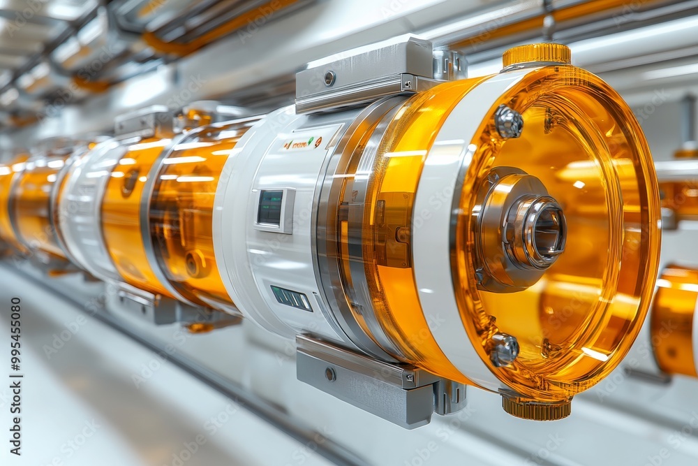 Poster cylindrical industrial mechanism with glowing data lights illustrating high speed data transmission 