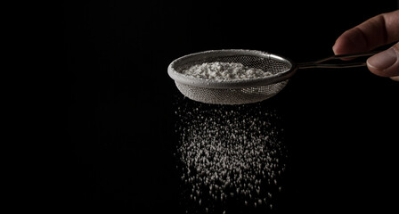 Flour being sifted through a sieve on a black background