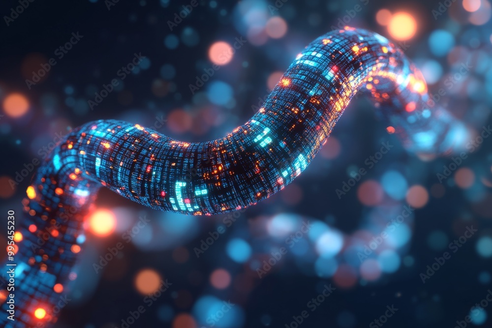 Poster abstract glowing fiber optic cable with digital particles representing secure data transfer fast con