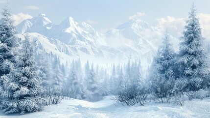 Snow covered mountains and trees in winter