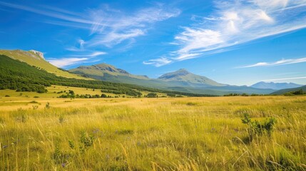 Fototapeta premium Scenic image of grassland with mountain backdrop under blue sky
