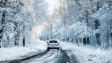 Snowy winter road and car