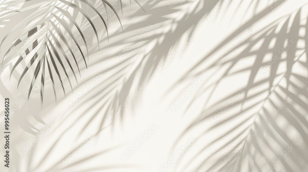 Poster palm leaf shadow on white wall with space for text