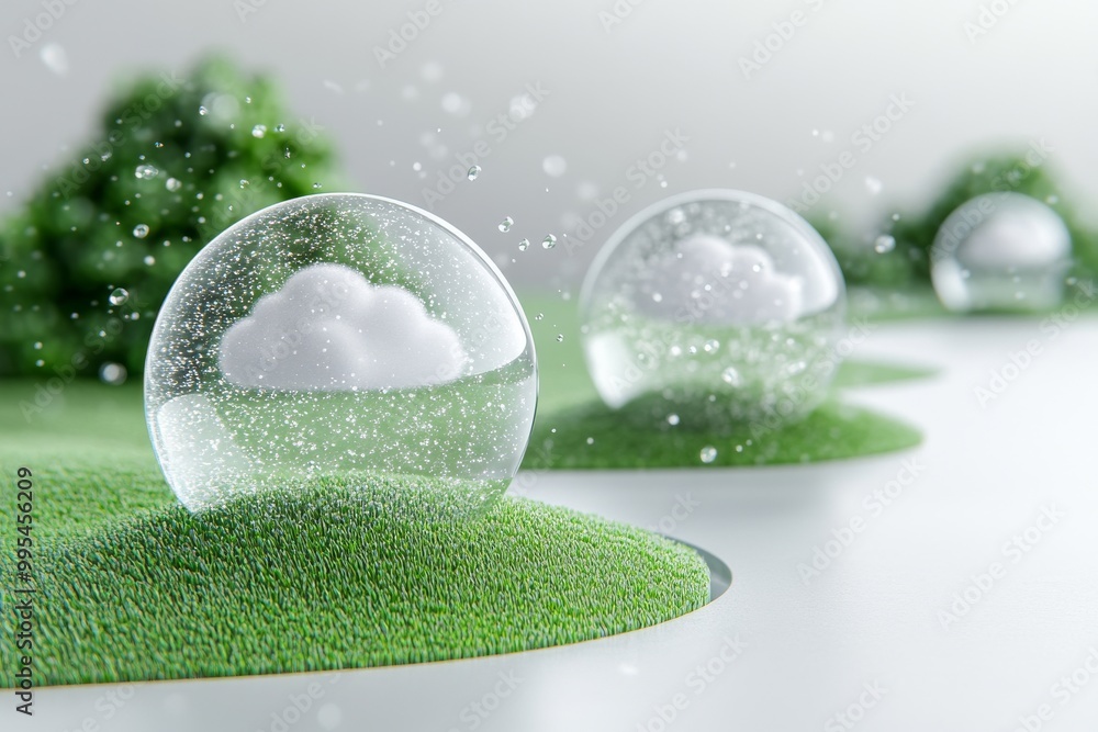 Poster transparent spheres on green mounds with miniature clouds symbolizing cloud computing environmental 