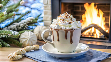 Fototapeta premium Warm up with cozy cup of hot chocolate topped with fluffy whipped cream and marshmallows, perfect for winter evening by fireplace