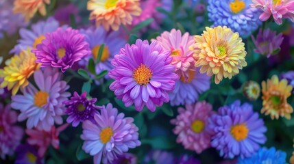 Multicolored Close Up Image of Chinese Aster Flowers