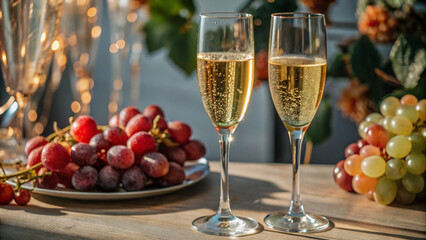 Elegant champagne flutes filled with sparkling wine are beautifully displayed alongside plate of fresh grapes, creating festive and inviting atmosphere perfect for celebrations