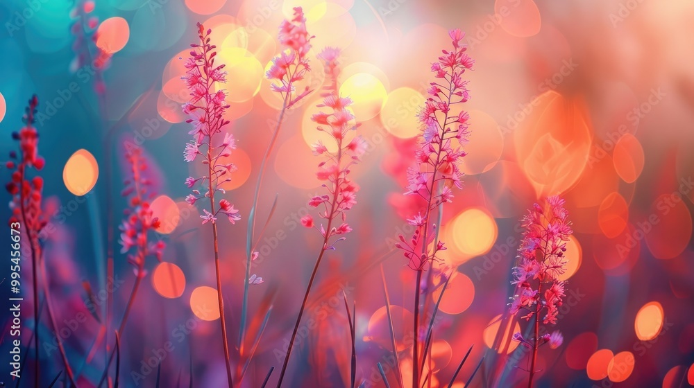 Aufkleber Neon colored floral background with grass macro and blurred light in nature