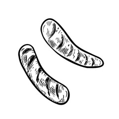Grilled sausages, bratwursts black white graphic vector illustration isolated. Fried food barbecue sausage monochrome hand drawn by line art for design beer festival, menu, packaging, BBQ party.