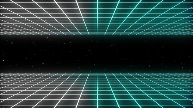 retro background inspired by 80s and 90s retro futurism, featuring a sci-fi wireframe grid and vibrant cyber elements. Motion video seamless animation loop in Ultra HD 3840x2160