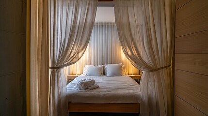 Curtains partition a bedroom, creating an abstract backdrop. 