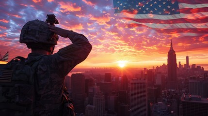army soldier standing on the left angle saluting witn new york skyline and a huge transparent American flag