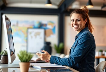 A travel agent planning a dream vacation for a client with a smi