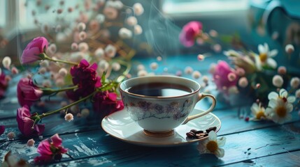 Fototapeta premium Morning Greetings with Coffee and Flowers