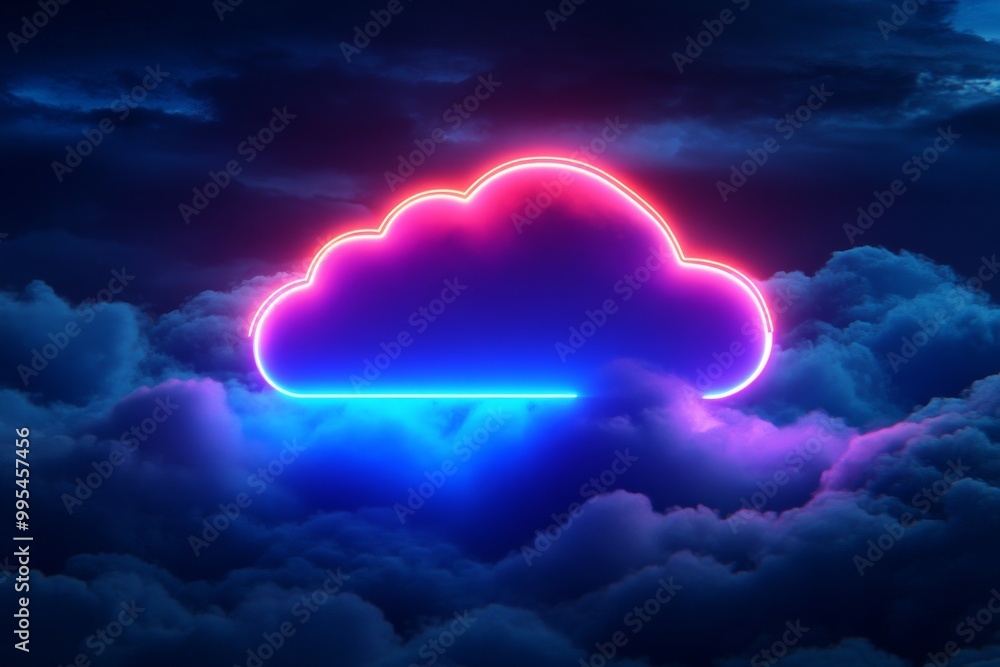 Poster glowing neon cloud against a dark sky symbolizing cloud computing virtual storage and fast data tran
