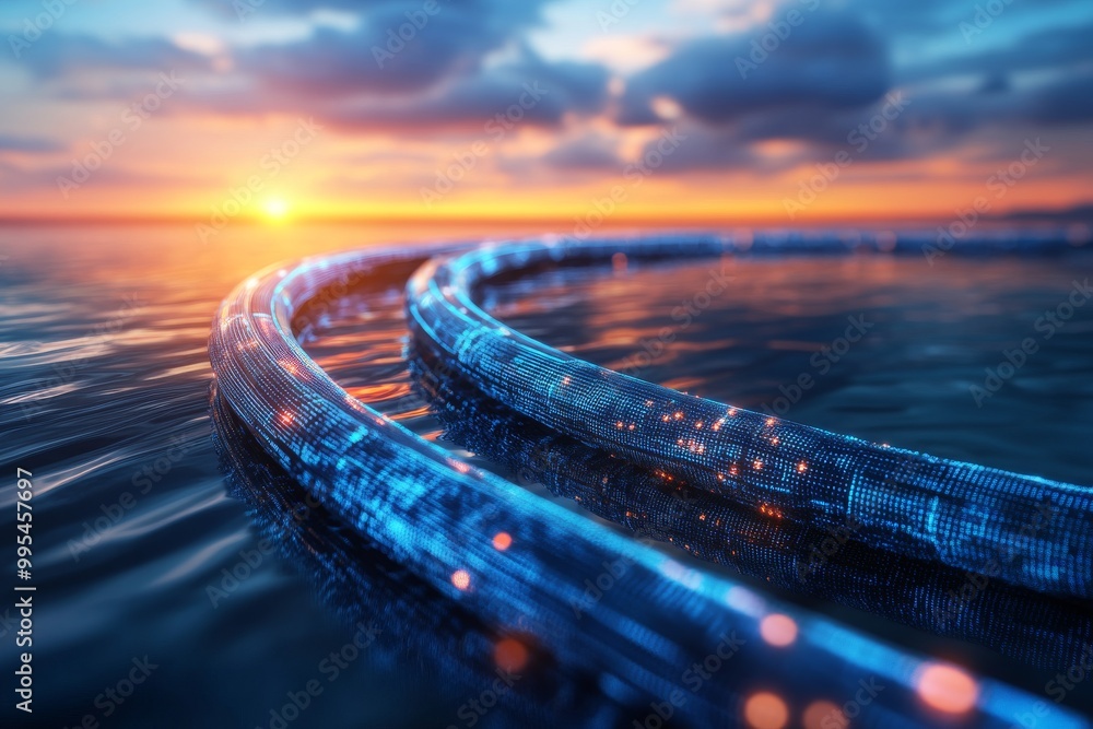 Poster digital fiber optic cables glowing against a sunset background symbolizing fast data transmission se