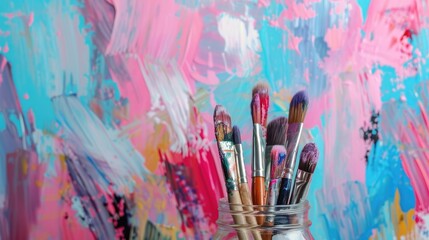 Fototapeta premium Paintbrushes and various colors in glass jar on table with colorful backdrop Text space