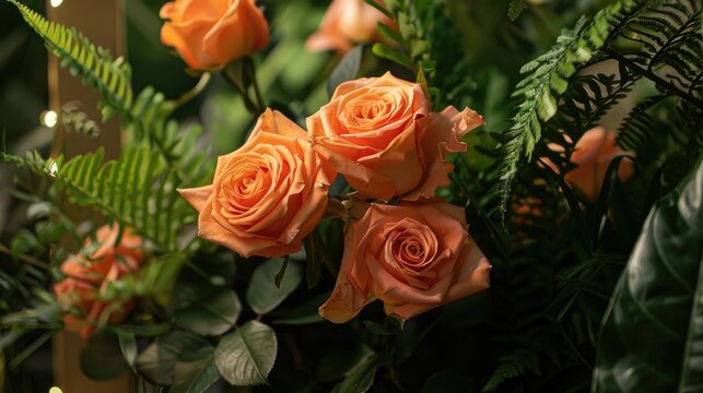 Orange roses in a floral arrangement for a loving gesture backdrop and tactile elements