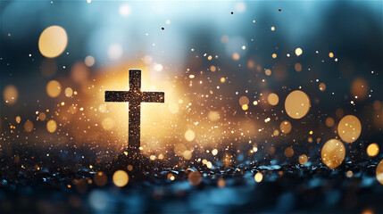 Beautiful gold bokeh background, cross silhouette, bokeh fantastic scattering.