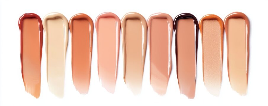 A collection of soft peach and beige lip gloss swatches with a glossy finish, reflecting light beautifully.