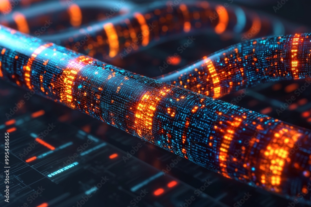 Poster glowing orange and blue data cables intertwined symbolizing secure data transmission fast communicat