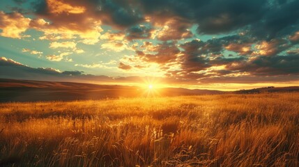 Fototapeta premium Scenic view of sunrise with golden cloudy sky