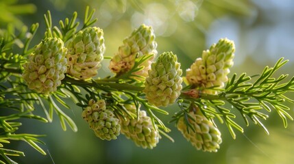 Immature seed cones of Chinese thuja also called Oriental arborvitae