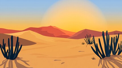 A desert landscape with sand dunes, mountains, and cacti under a bright, orange sky.