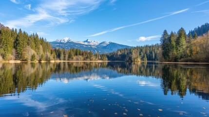 Scenic Lake View with Woods and Mountains Reflection