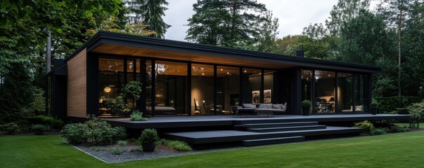 A modern wooden house surrounded by greenery, featuring large windows, a spacious deck, and a stylish design, illuminated softly against the evening sky.