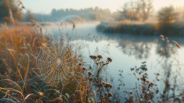 Morning riverside scene with spider web on dry plant - Powered by Adobe
