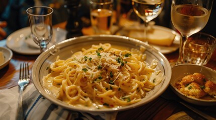 Home made Spaghetti Carbonara served on a table