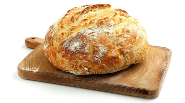 Spanish bread boule on a cutting board against white background