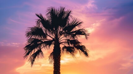 Palm tree silhouette against sunset sky