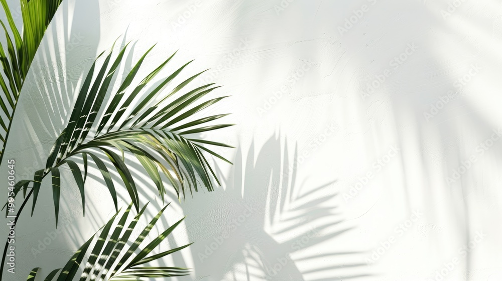 Poster palm leaf shadow on white wall with space for text