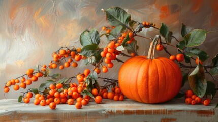 Sea buckthorn and pumpkin in the backdrop