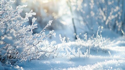 Snow covered forest bushes for natural background design