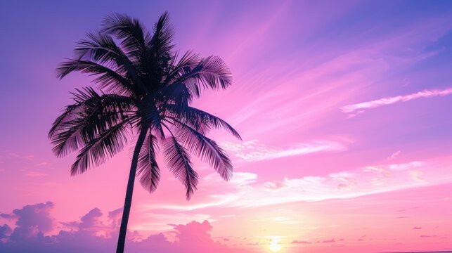 Palm tree outline against purple sunset sky serene vibes with no people