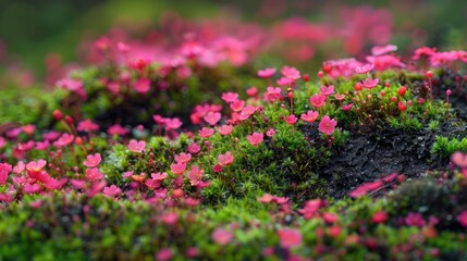 Fototapeta premium Mossy rainforest floor with pink fungi close up jungle fen background for wallpaper