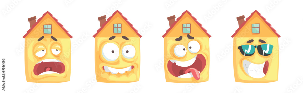 Aufkleber humanized house funny building character with various face expression vector set