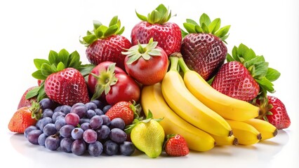 Medley of fresh ripe fruits is composing an appetizing composition on a white background