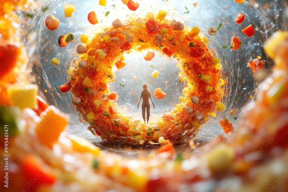 Poster a digital figure surrounded by swirling numbers and scales representing the obsession with weight an