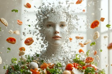 A figure made of shattered pieces with a hollow center surrounded by food items that seem distant and unreachable