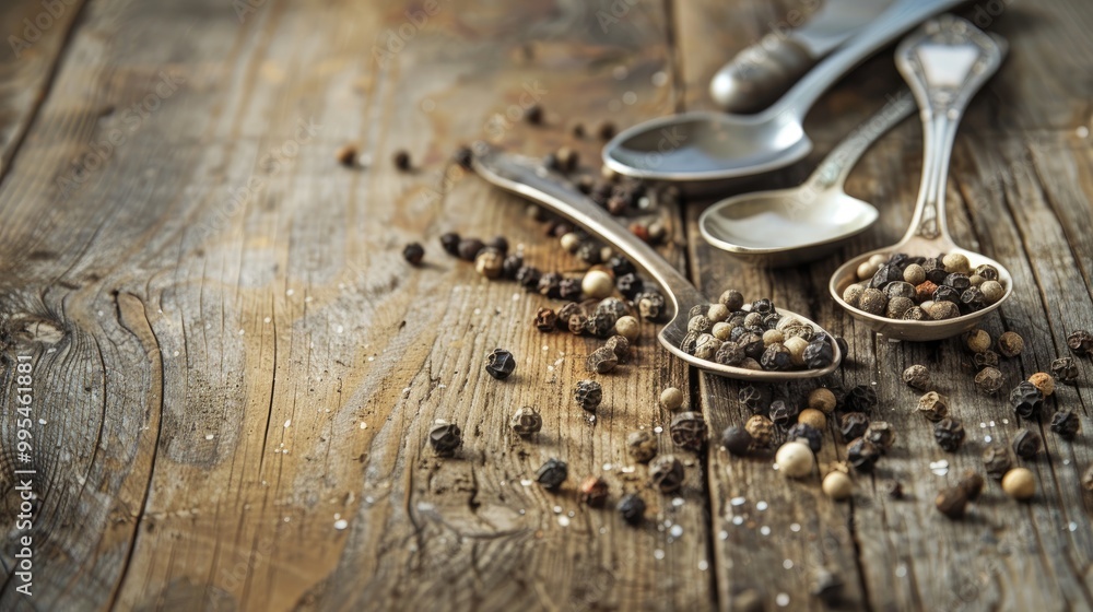 Poster image of peppered spoons on wooden surface with room for text