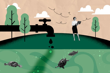 Creative collage businesswoman agent laptop environment nature harm report pollution industry dirt...