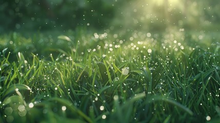 Sparkling dew on sunlit green grass