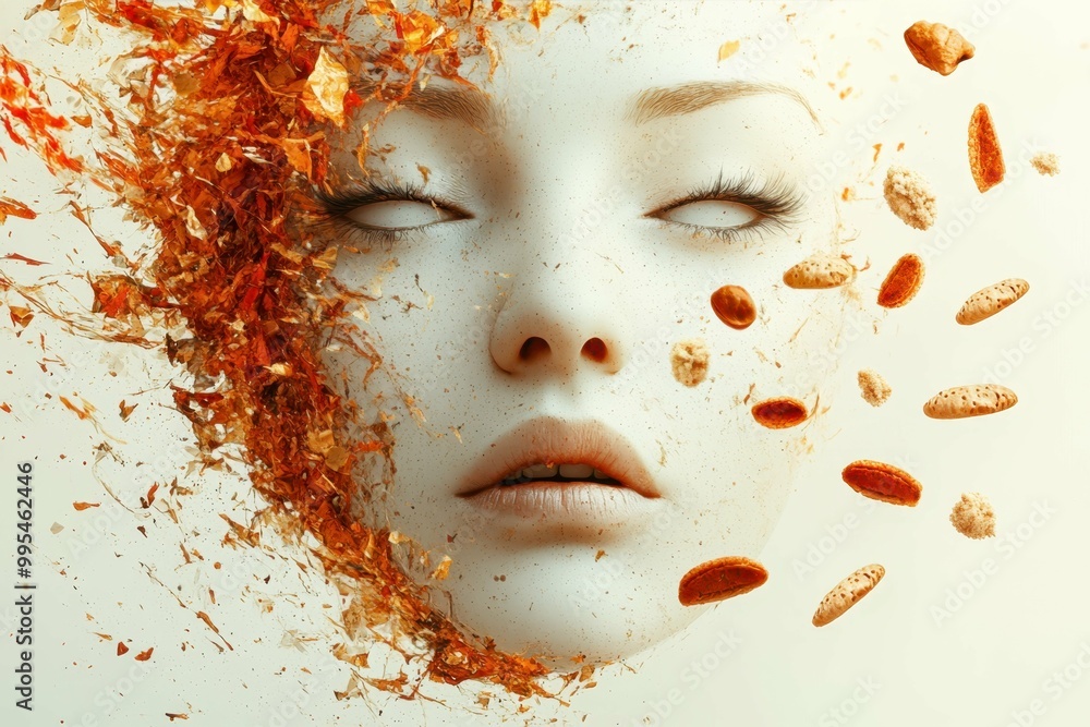 Poster a stylized image of a face with empty eyes with food items scattered around representing disconnecti