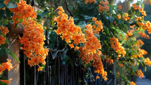 Orange Pyrostegia venusta flowers cascading over Spanish garden fence